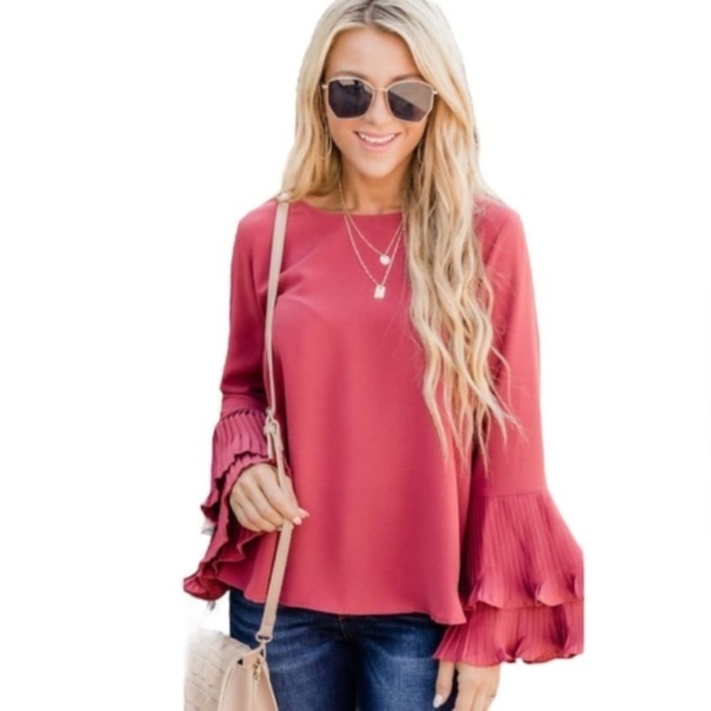 Pink Lily Burgundy Wine Blouse Top Flare Sleeve Women’s Boho Shirt Large